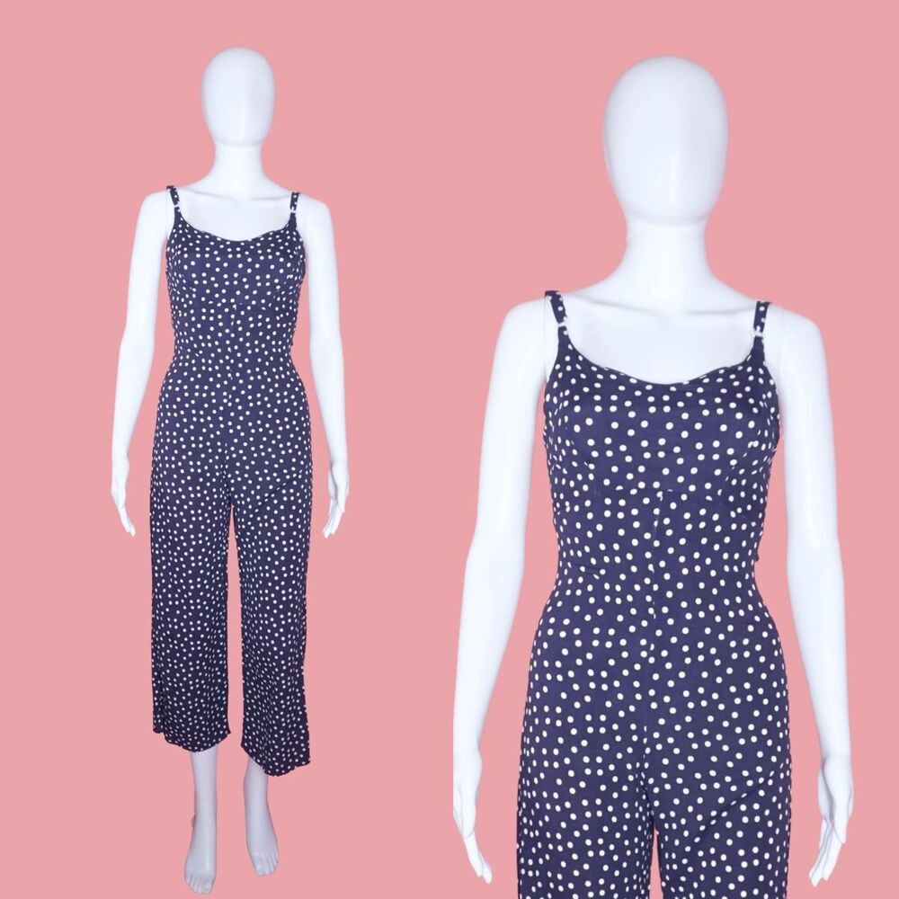 1990s Vintage BETSEY JOHNSON. Navy & White Empire Waist. Polka Dot JUMPSUIT. XS